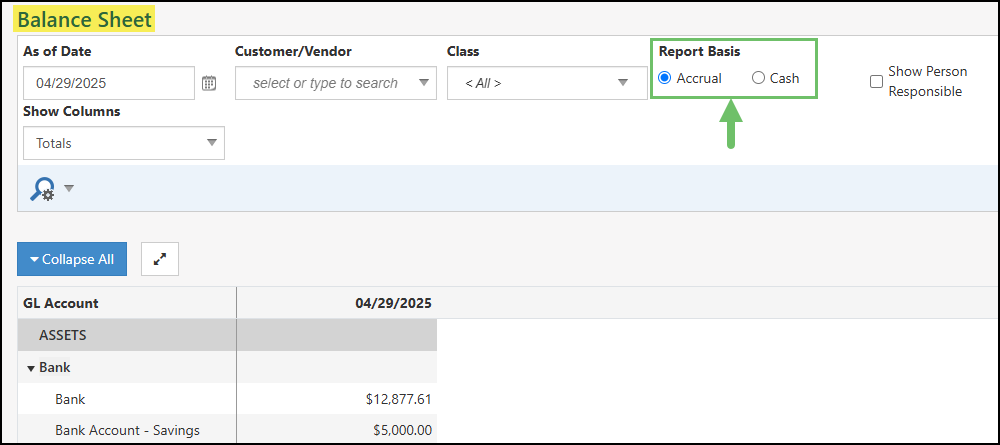 The Balance Sheet Report with the Accrual and Cash option highlighted as options.