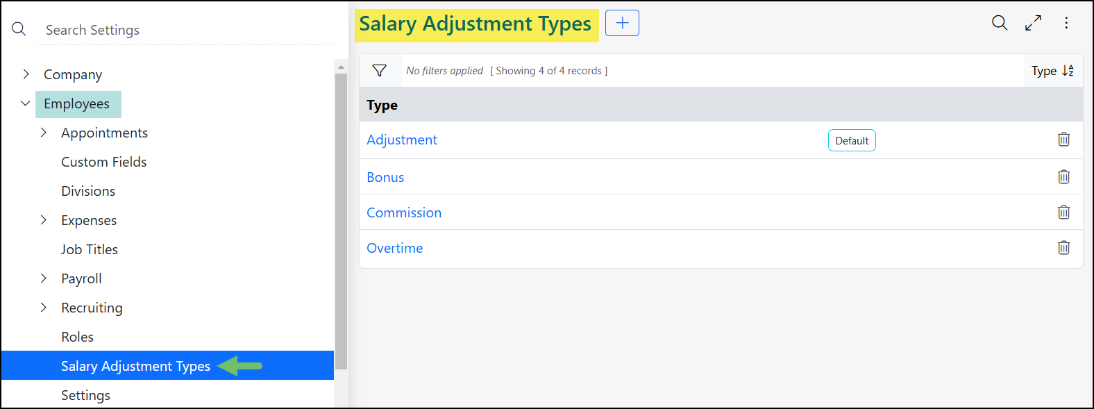 Salary Adjustment Types Settings page