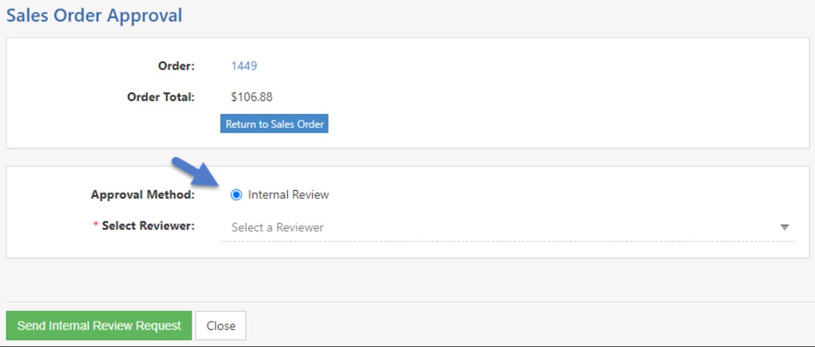 Example of Sales Order Internal Review Option
