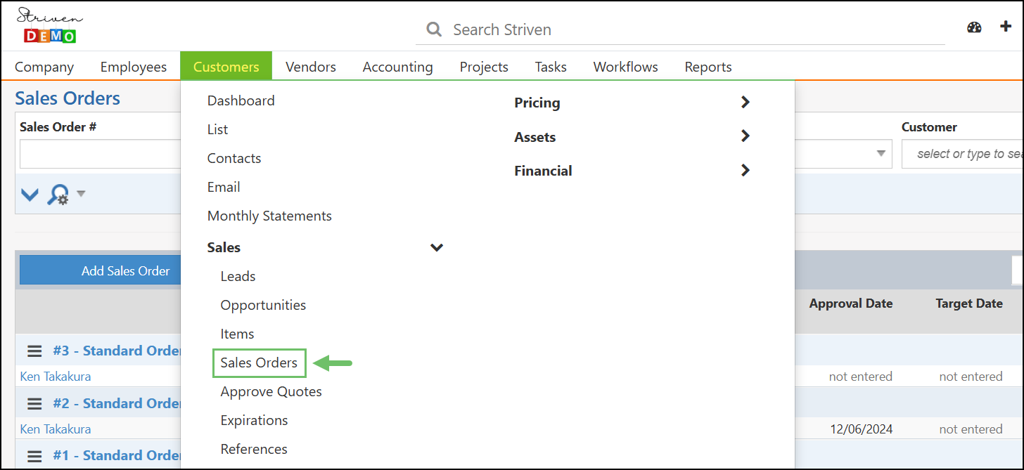 Sales Order menu option under the Customers menu tab