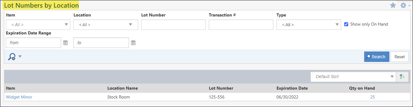 The Search Filters on a Lot Numbers By Location Report.