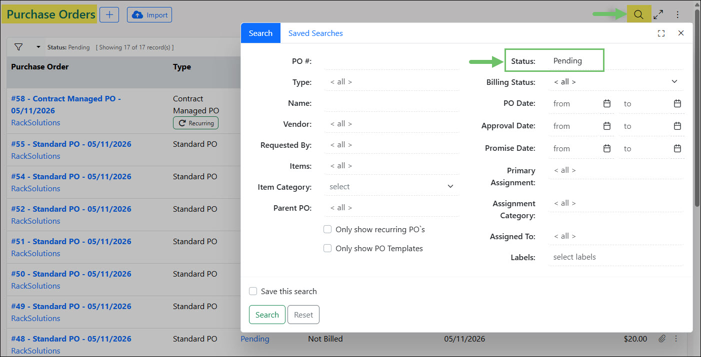 Searching for Pending Purchase Orders from the Purchase Order List