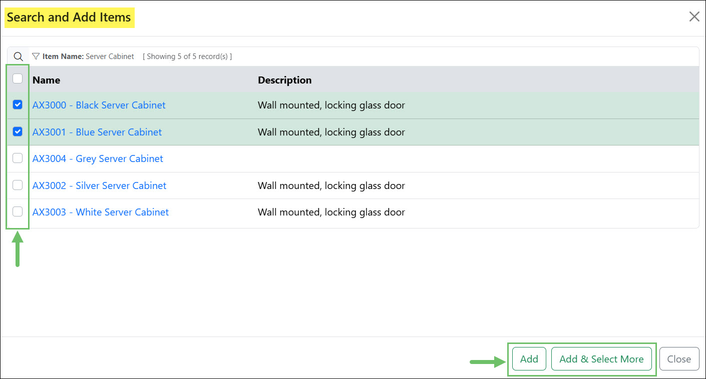 Selecting Multiple Items in the Search and Add Items Pop-Up