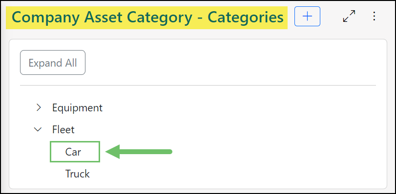 A list of Company Asset Categories including Equipment, Fleet with Car and Trucked nestled under Fleet