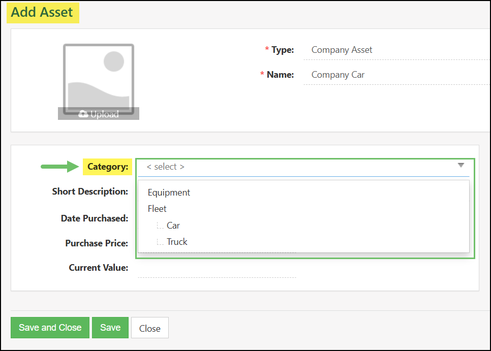 Adding a Company Asset with the Category field highlighted with options for Equipment or Fleet