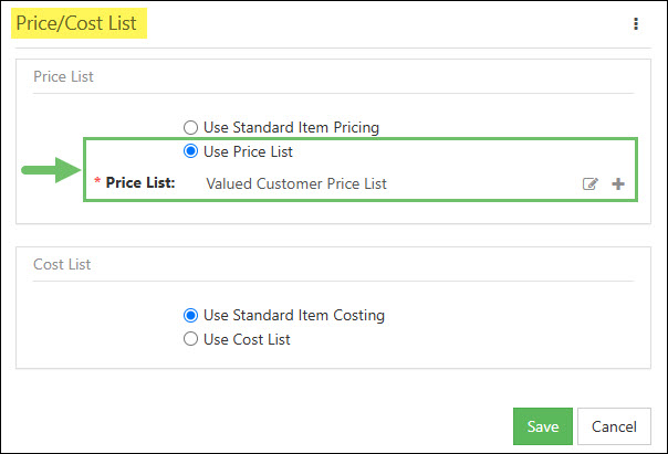 Selecting a Price List in the Price Cost List Widget