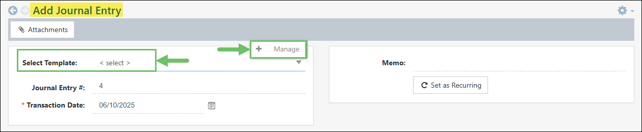 Selecting a Template on the Add Journal Entry Page