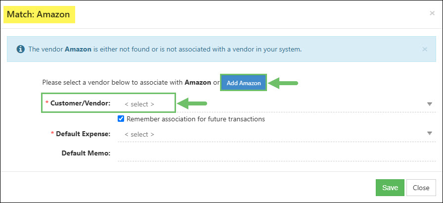 Selecting or Adding the Vendor in the Match Vendor Popup