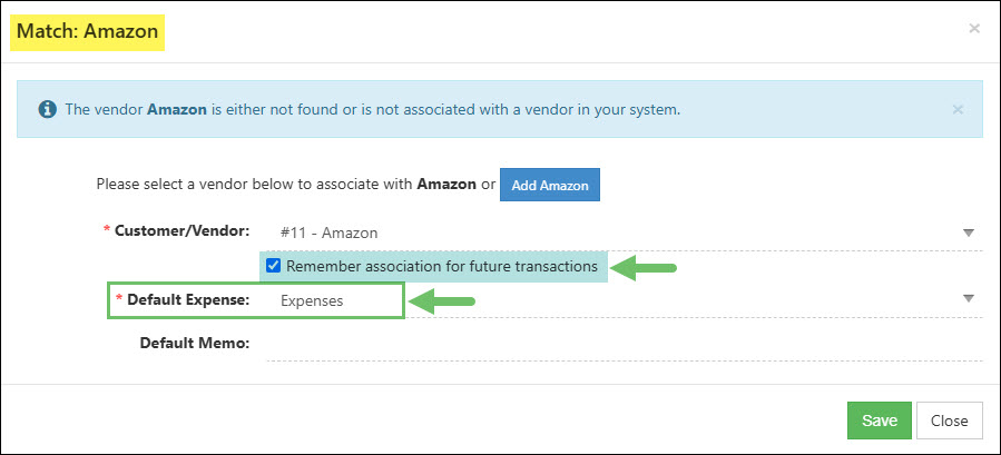 Selecting the Default Expense Account in the Match Vendor Popup