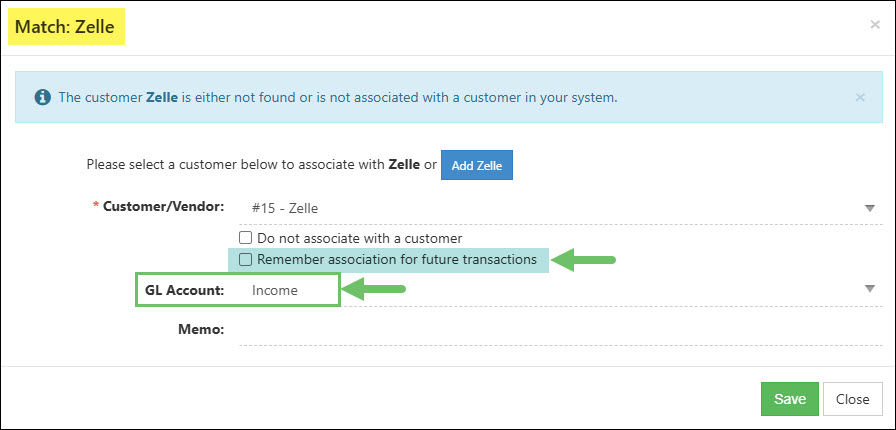 Selecting the GL Account in the Match Customer Popup
