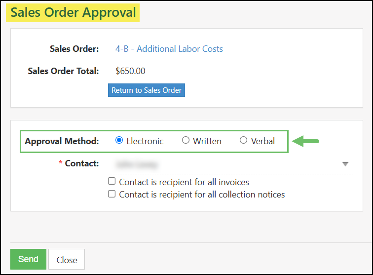 Approval methods highlighted to indicate how the order should be approved by the customer