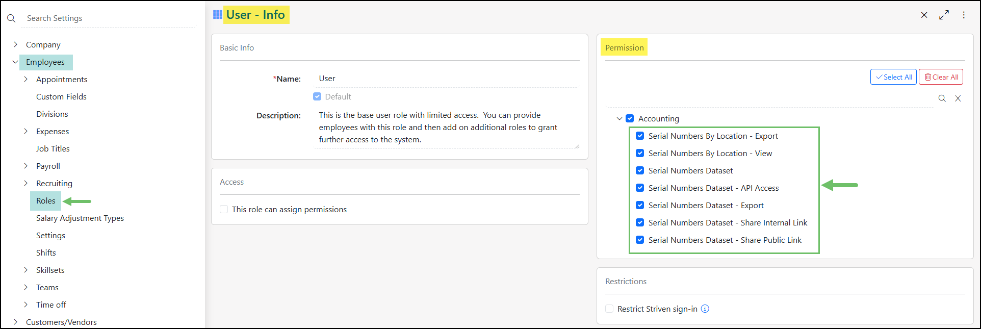 A list of Serial Numbers Related Permissions.