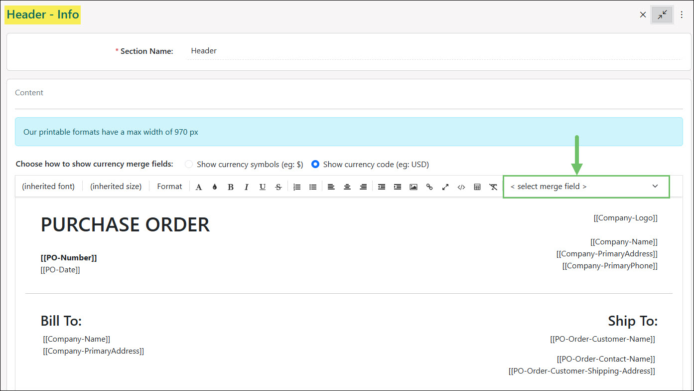 Setting Up Content Section for Purchase Order Formats