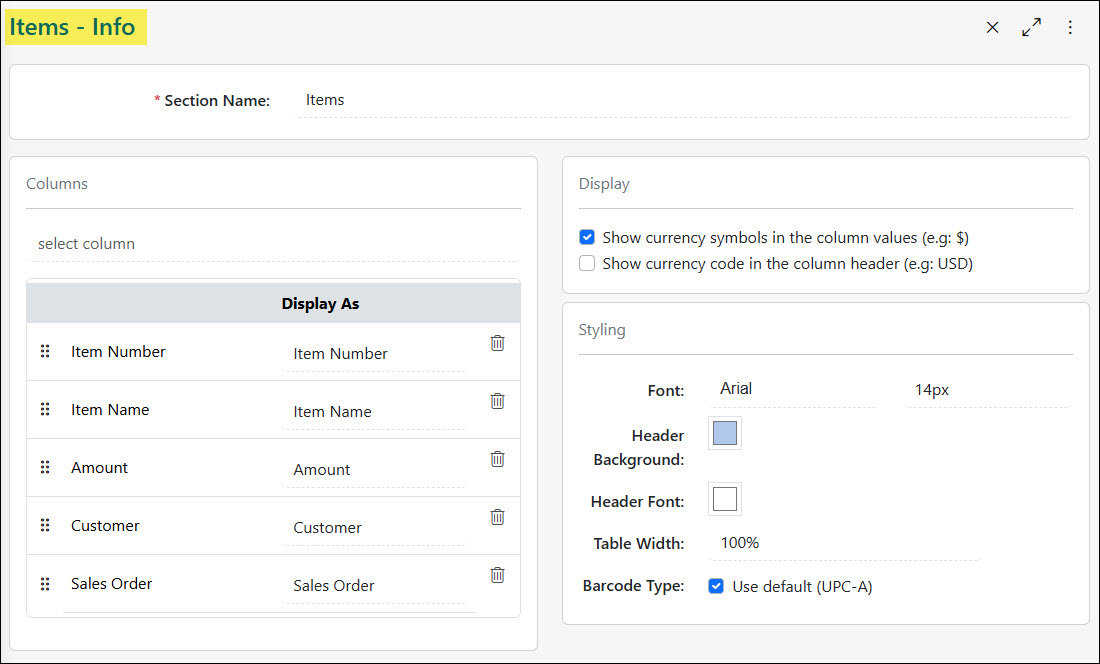 Setting Up Item Section on Purchase Order Formats