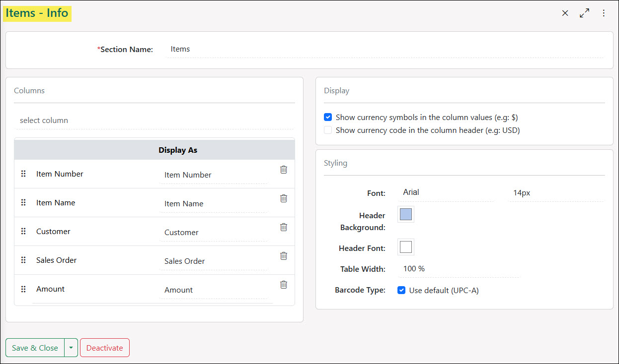 Setting Up the Items Section for a Purchase Order Format