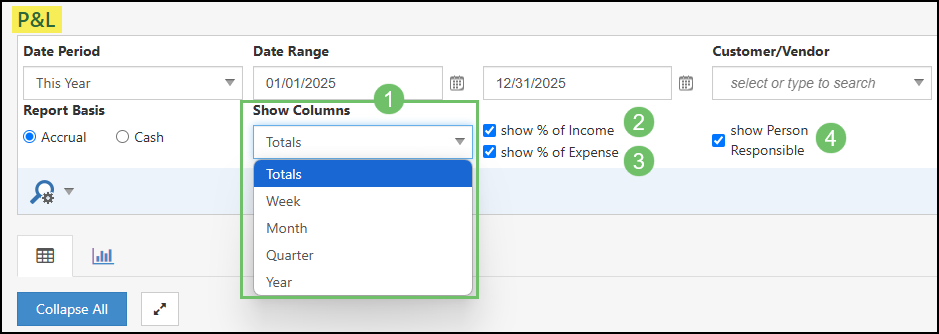 The Show Columns Options on P&L Report that is available in Striven.