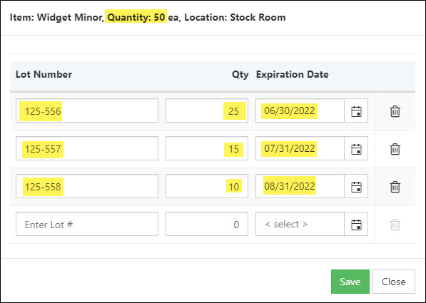 Splitting a Quantity of Items with Multiple Lot Numbers & Expiration Dates.
