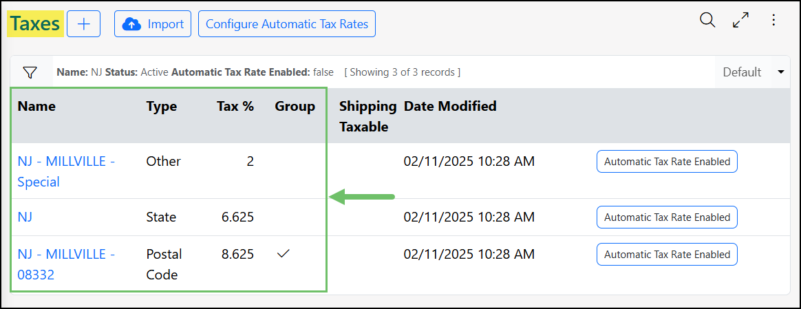 Tax Agencies List with the New Jersey tax rates highlighted showing a State Tax, a County Tax, and a Group Tax to group the two together.