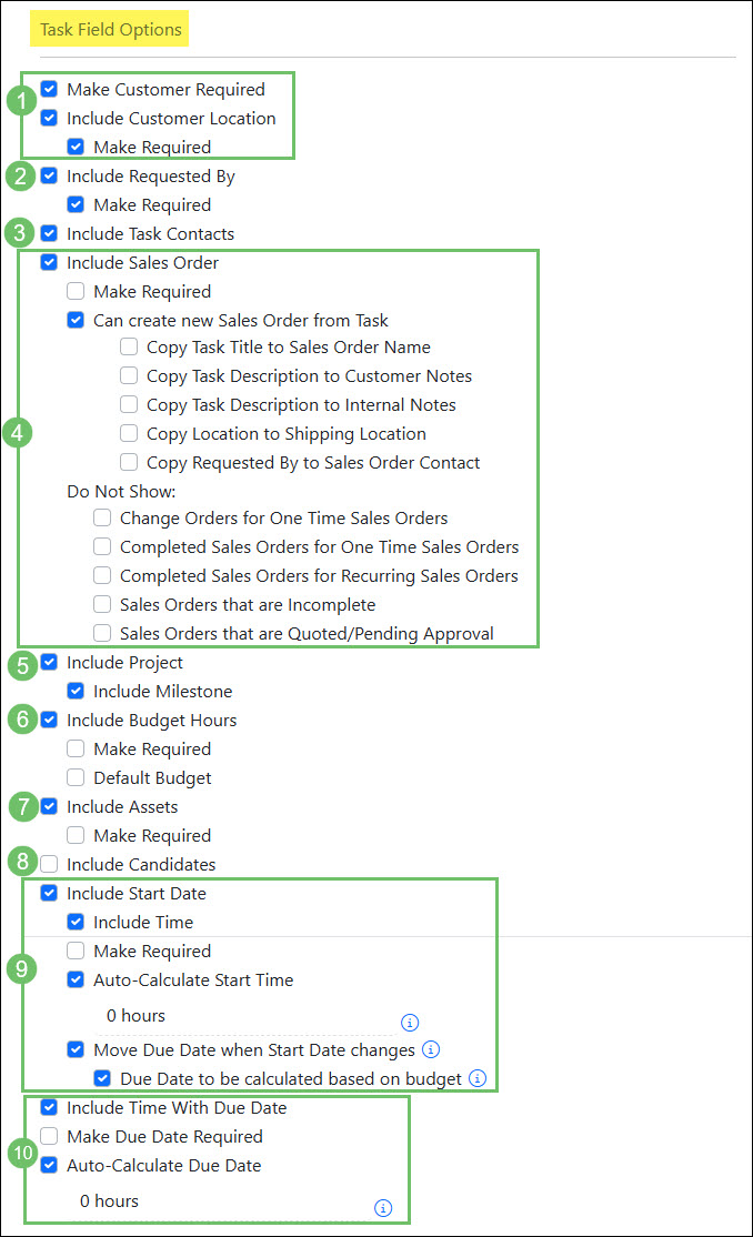 Task Type Field Configuration Options