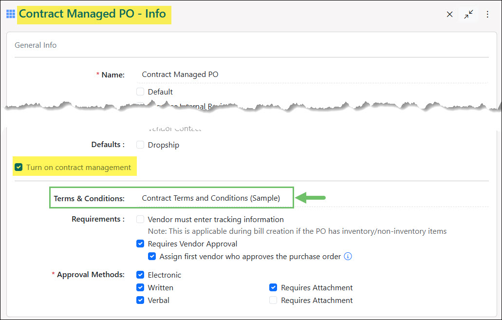 Terms & Conditions Field on a Purchase Order Type