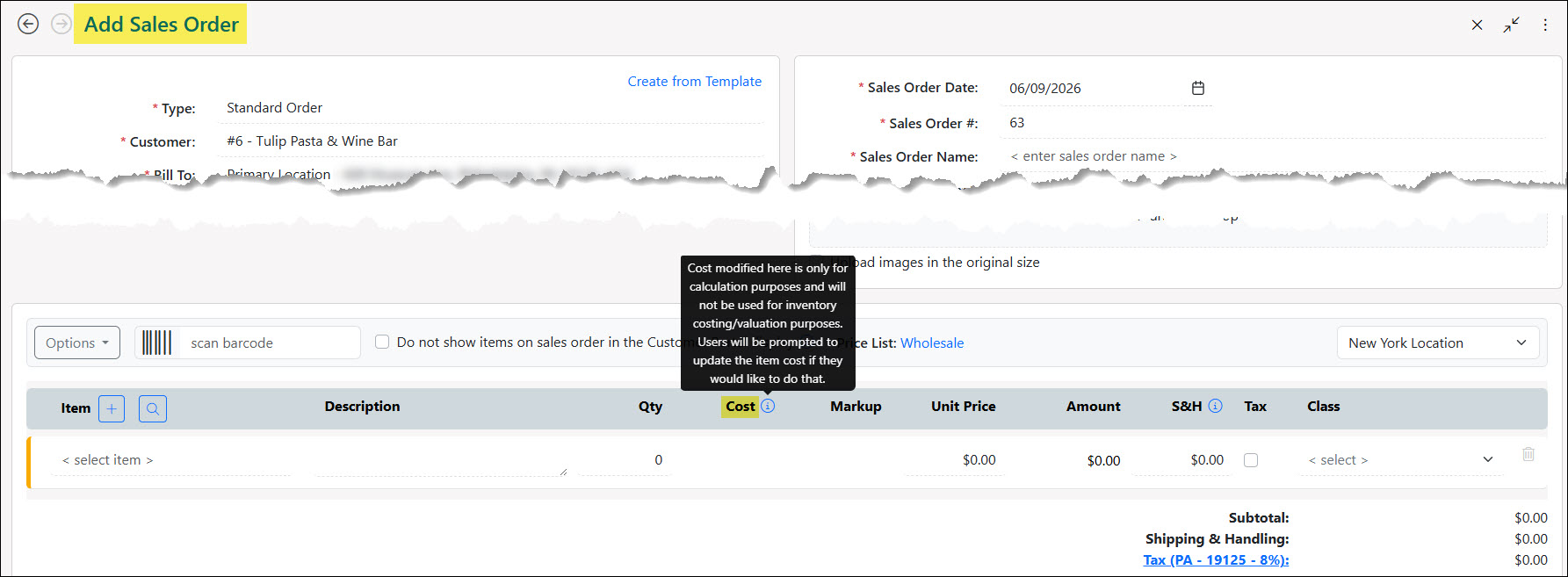 Tooltip on Cost Column of a Sales Order