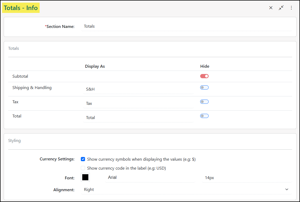 Total Section of a Sales Order Printable Format with options to hide or rename information displayed.