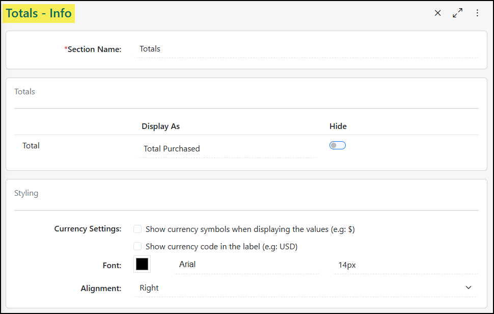 Totals section of a Purchase Order Printable Format with options to rename or hide information.