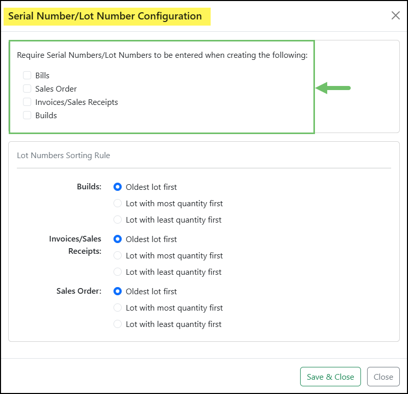 Transaction Types where Lot Number Tracking May be Set as Required.