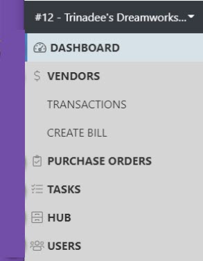 Vendor Portal Menu including dashboard, vendors transactions, create a bill, purchase orders, tasks, hub, and users