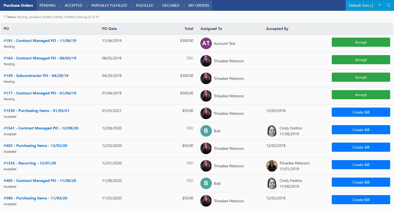 Vendor Portal purchase orders page including PO name, date, total assignee, accepted by, and option to accept or create a bill
