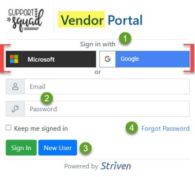 Vendor Portal Signon including single signon for google or microsoft