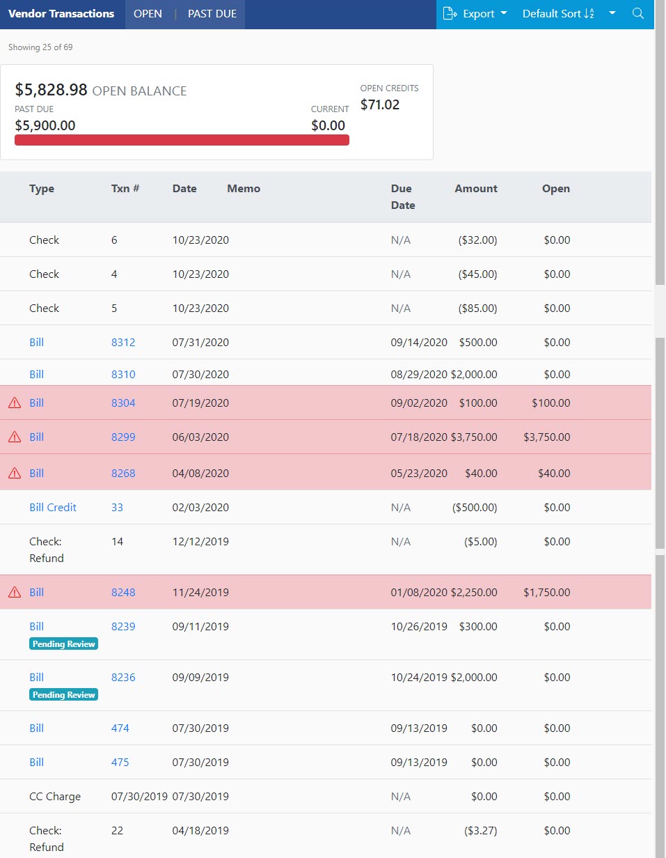 Vendor Portal Transactions including Open and past due transactions, open balance, type, transaction number, date, memo, due date, amount, and open