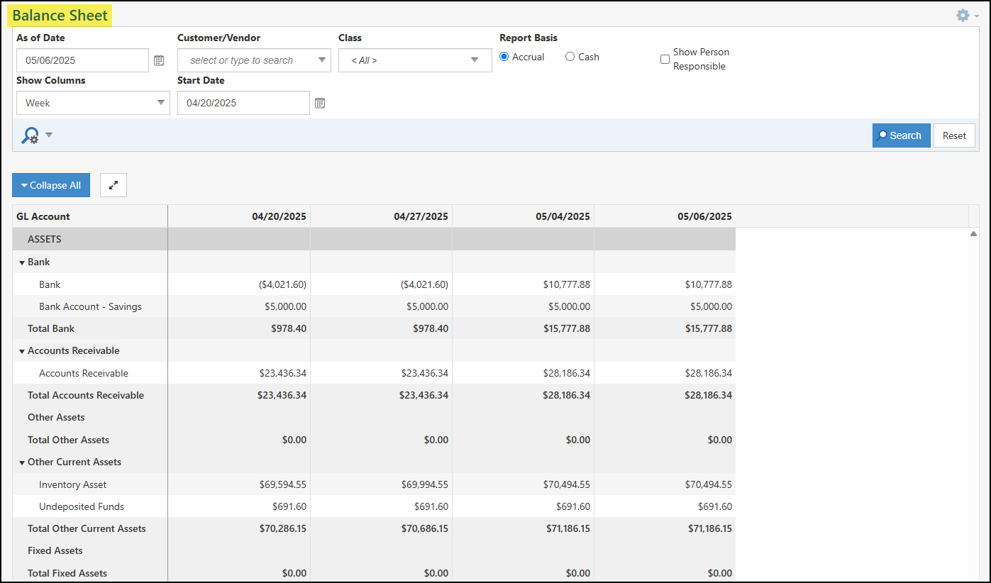 The Balance Sheet Report that is available in Striven.