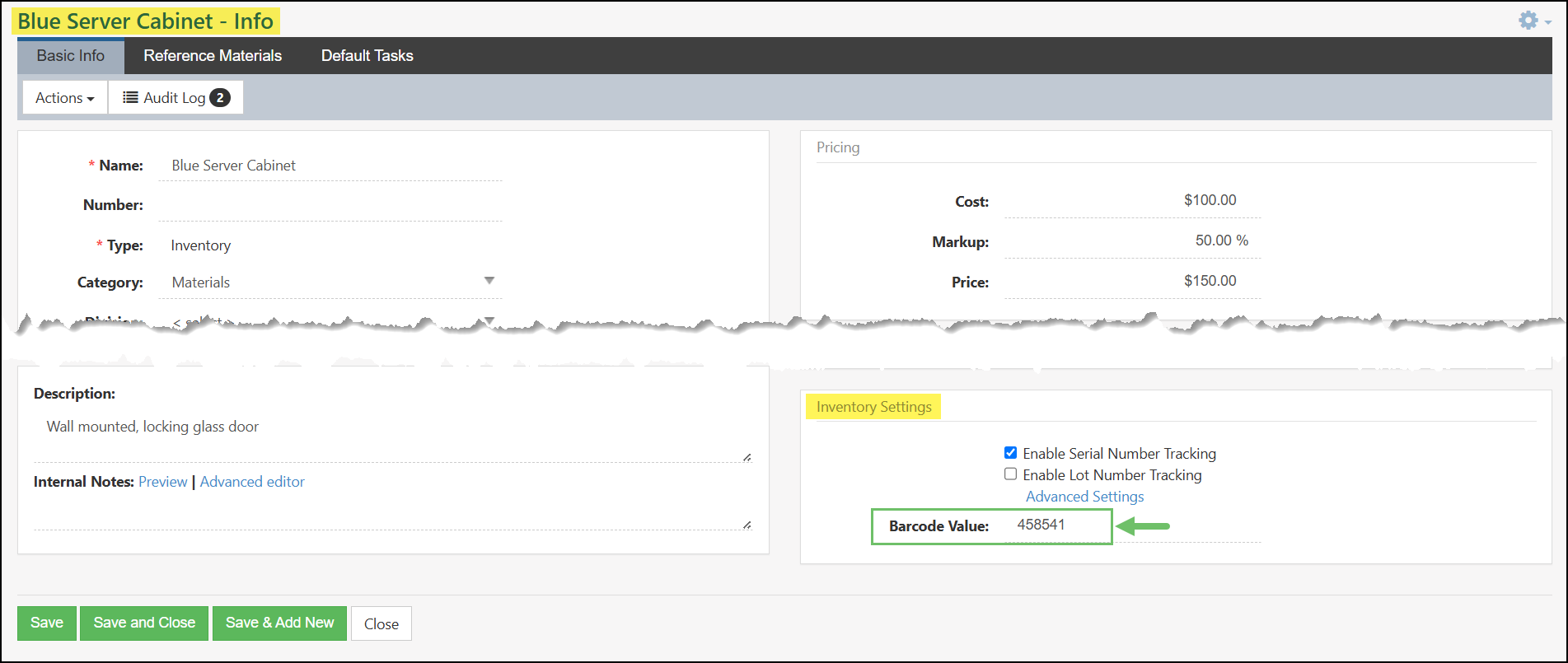 A Barcode Value Setting on an Item Info Page