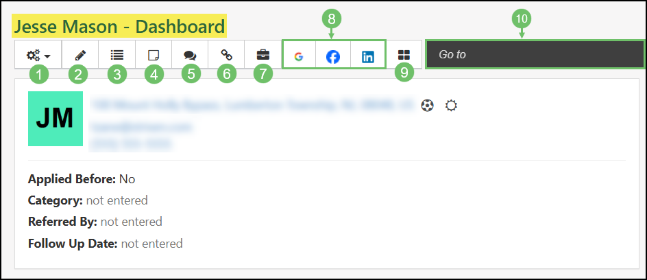 Candidate's Dashboard with the menu options highlighted.