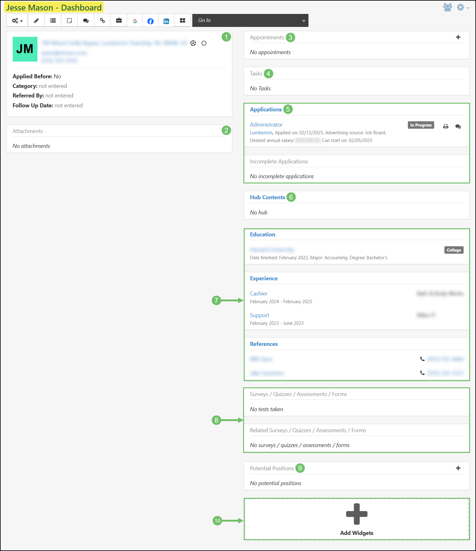 Candidate's Dashboard with all the widget options highlighted on the page.