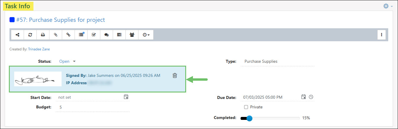 A Completion Signature on a Task