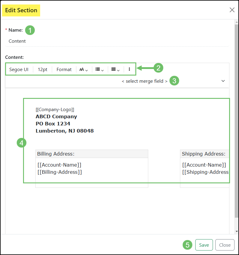 A content section for a monthly statement with merge fields entered into the text editor box.