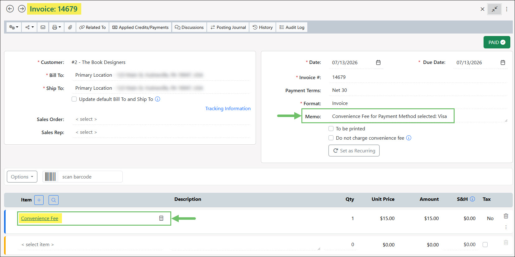 A Convenience Fee Line Item on an Invoice