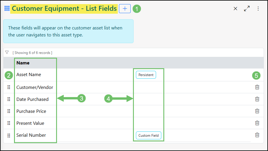 A Customer Asset's List Fields Tab
