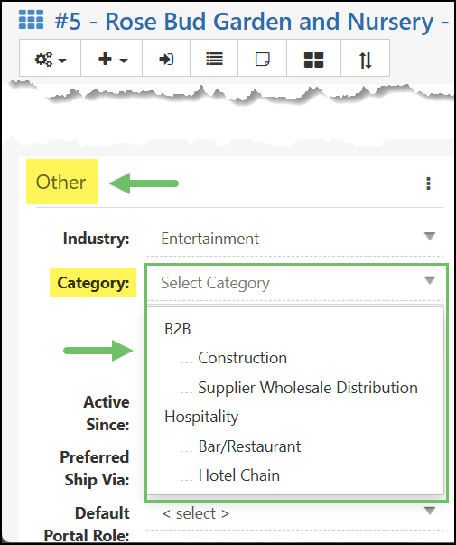 Other section highlighted in a Customer's Dashboard which shows multiple choices you can select for the Customer Category