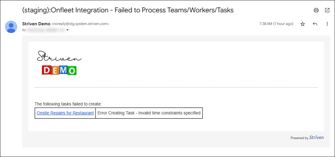 A Failed to Process Email Notification for Onfleet