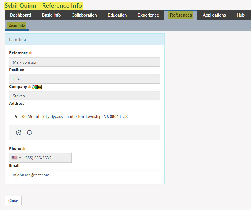 The Reference Basic Info Subtab from a Candidate’s Profile