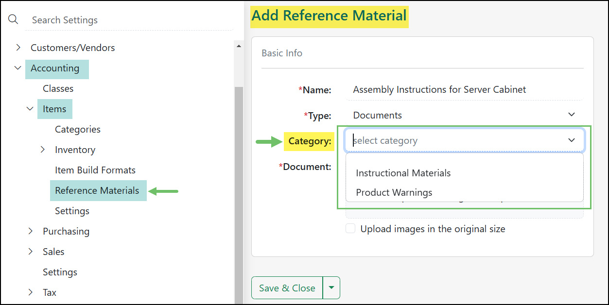 An Item Reference Material with the Category Field highlighted and the side menu showing the location of this page