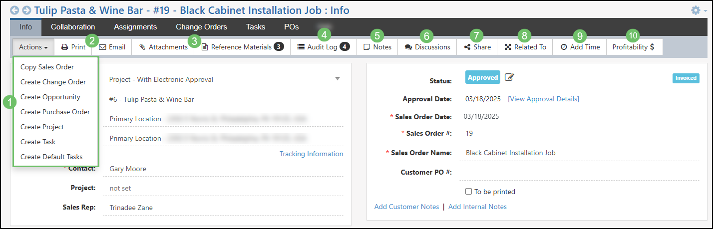Sales Order available actions when viewing an Order's Info page.