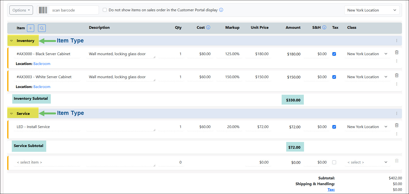 A Sales Order Grouped by Item Type