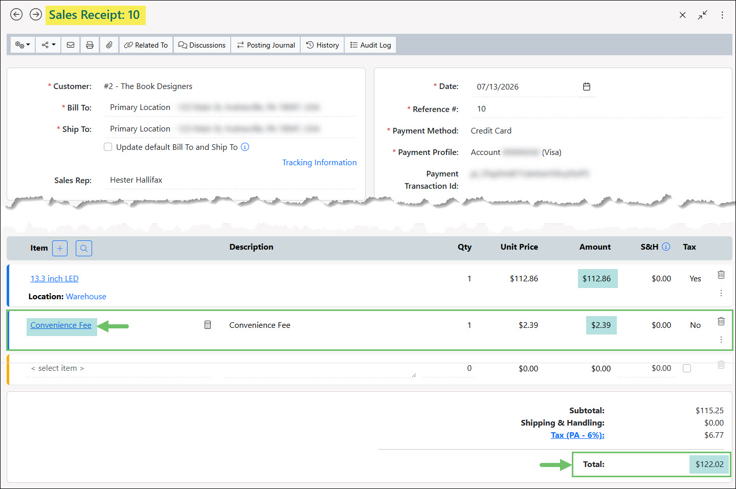 A Sales Receipt Saved with a Convenience Fee Charge