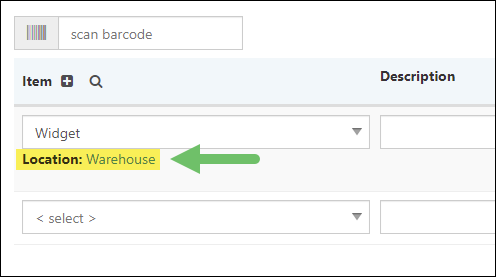 A Selected Inventory Location for an Item on a Transaction.