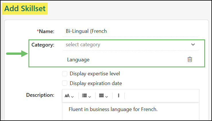 Add Skillsets page with the Category field highlighted