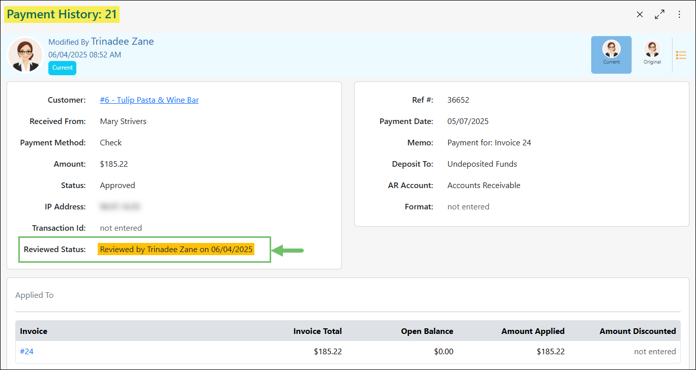 A Transaction Snapshot with the Reviewed Status